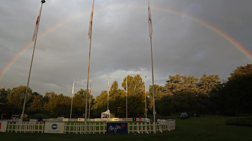 A rainbow over the clubhouse and putting green