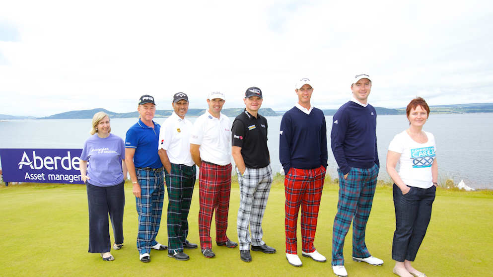 Elma Mackay (Maggie’s Highlands), Miguel Angel Jimenez, Jeev Mikha Singh, Padraig Harrington, Paul Lawrie, Nicolas Colsaerts, Martin Laird, Tina McGarrell (Connecting Carers)
