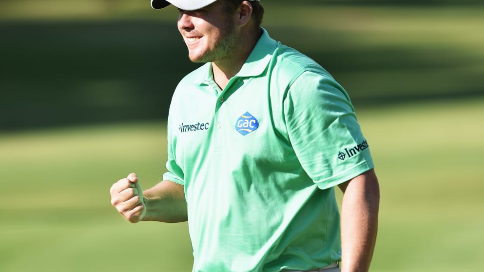 George Coetzee - celebrates holeing the winning putt at the Tshwane Open