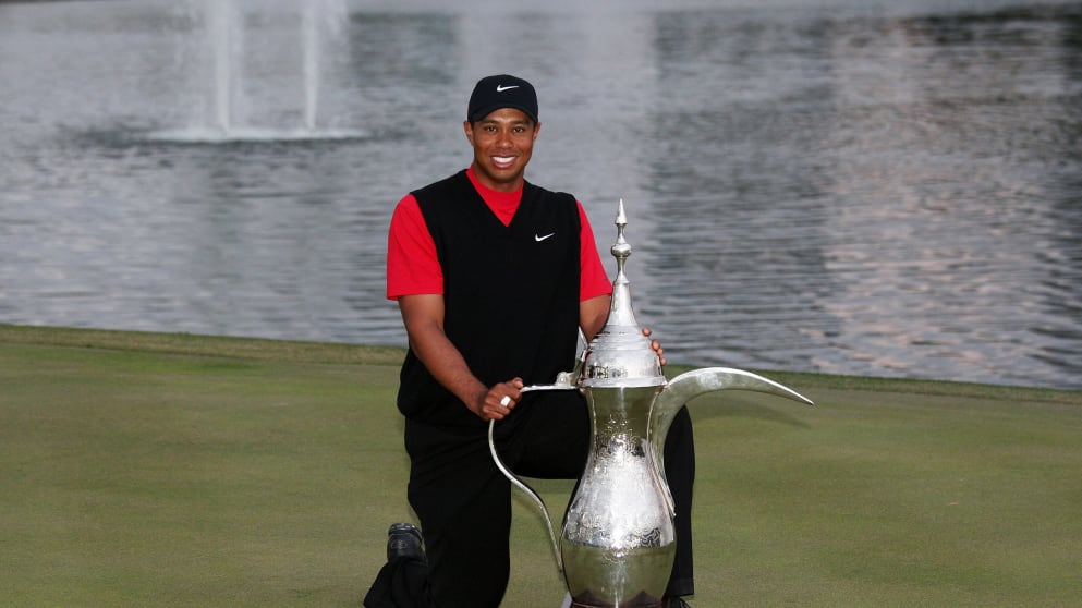 Tiger Woods celebrates his 2008 victory at Emirates Golf Club