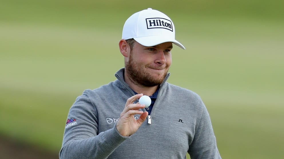 Tyrrell Hatton on the 14th green at the Alfred Dunhill Links Championship