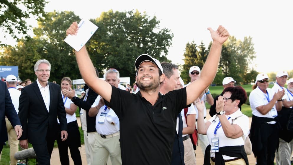 Alex Levy celebrates winning his third European Tour title in Germany