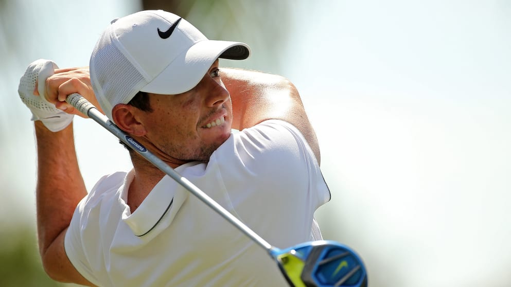 Rory McIlroy of Northern Ireland plays during a practice round