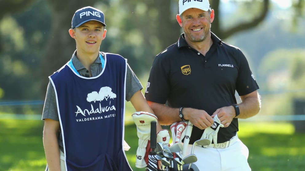 Lee Westwood with his son and caddie, Sam