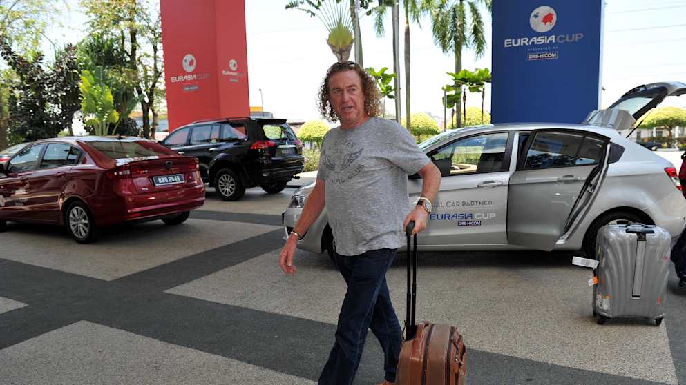 European Captain Miguel Angel Jimenez arrives at the EurAsia Cup on Monday (Paul Lakatos) 