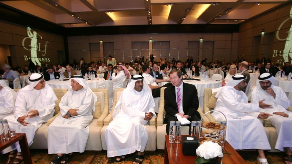 His Highness Shaikh Ahmed and George O'Grady (centre) with other delegates at the KPMG Golf Business Forum