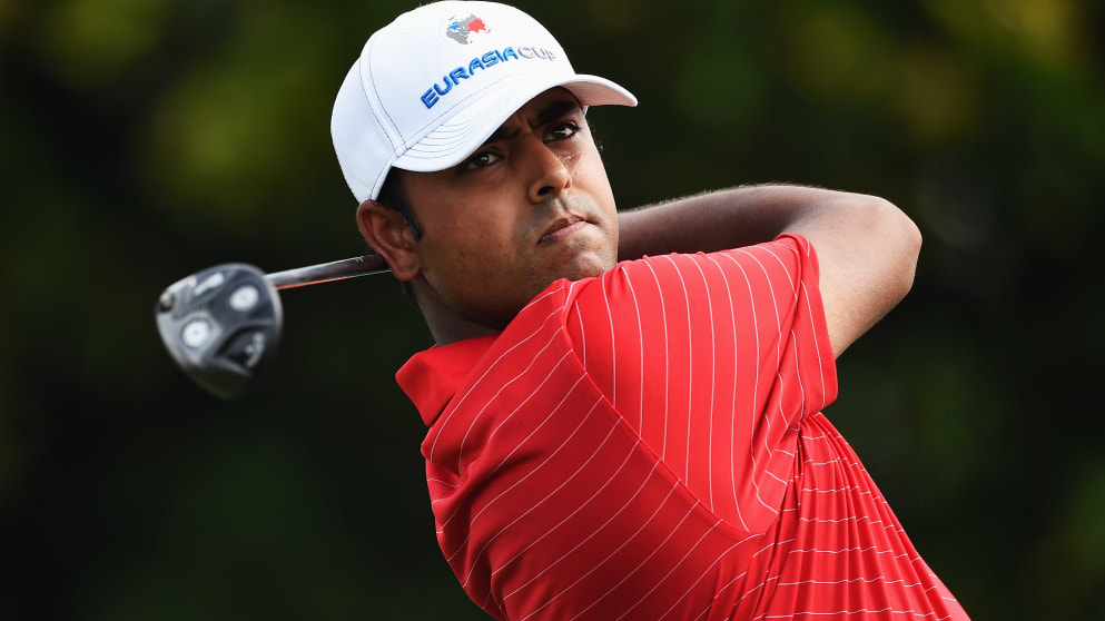 Anirban Lahiri of team Asia plays a shot during the first day's fourball matches at the EurAsia Cup