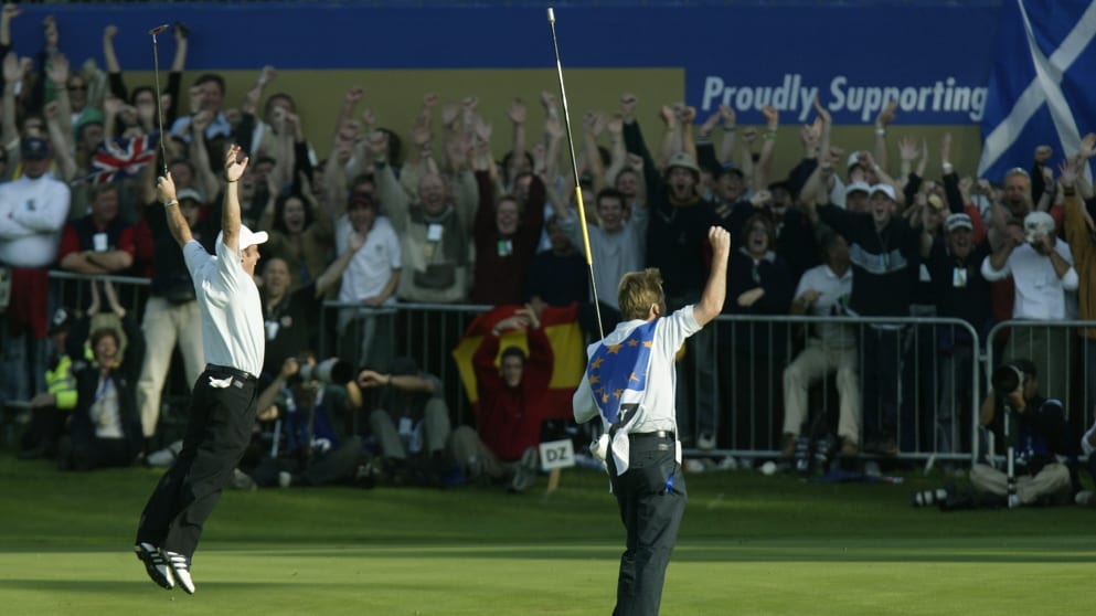 Paul McGinley holes a birdie putt at the 18th to win the 2002 Ryder Cup at The Belfry