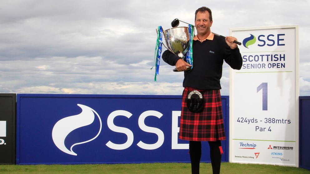 Defending SSE Scottish Senior Open Champion Santiago Luna looking resplendent in a traditional kilt (Phil Inglis)
