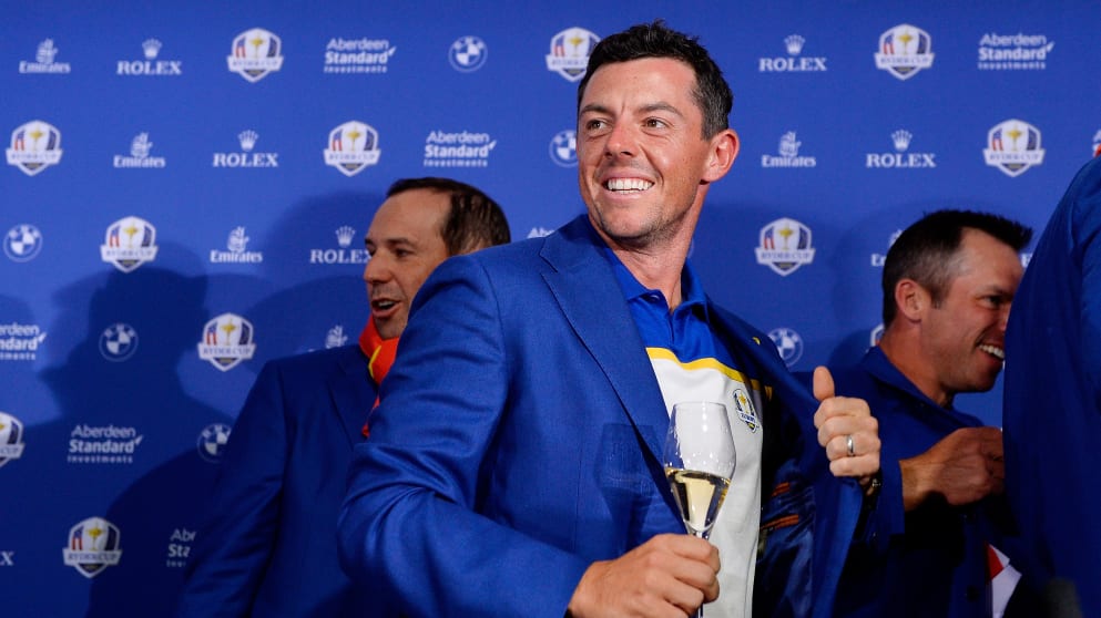 Rory McIlroy celebrates winning The 2018 Ryder Cup