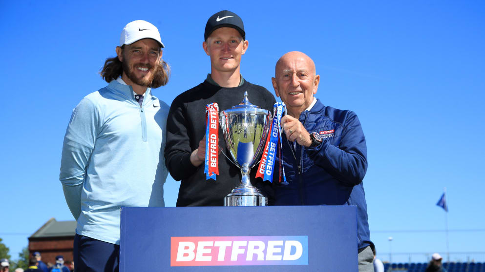 Marcus Kinhult with Betfred owner Fred Done and Tommy Fleetwood