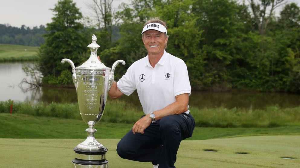 Bernhard Langer poses with the trophy after winning the Senior PGA Championship 