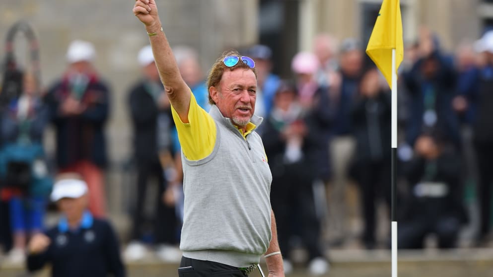 Miguel Angel Jimenez of Spain celebrates winning the Senior Open Presented by Rolex