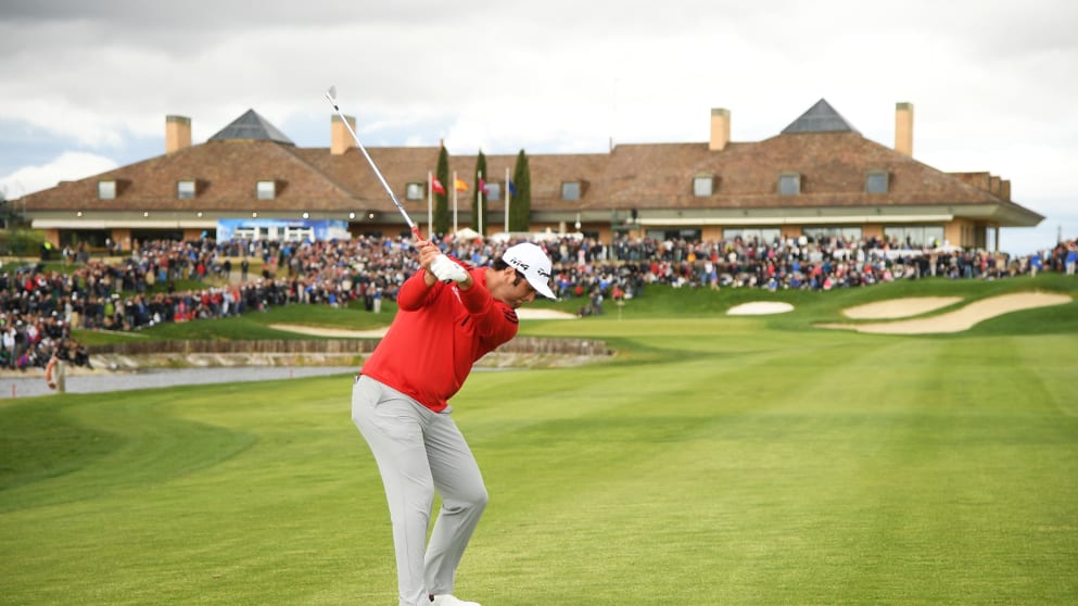Jon Rahm - plays his second shot on the 18th hole during Day Four of the Open de Espana