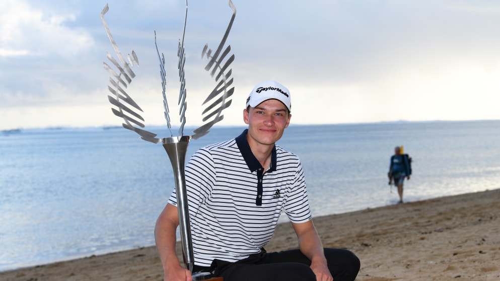 Rasmus Højgaard following his maiden European Tour victory, in Mauritius