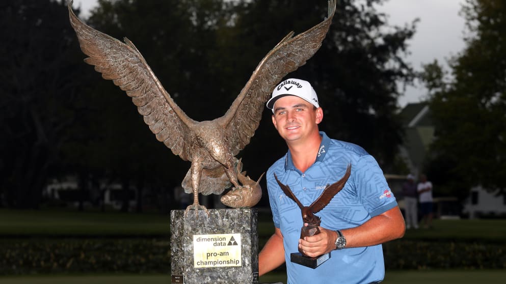 Christiaan Bezuidenhout celebrates winning the Dimension Data Pro-Am 