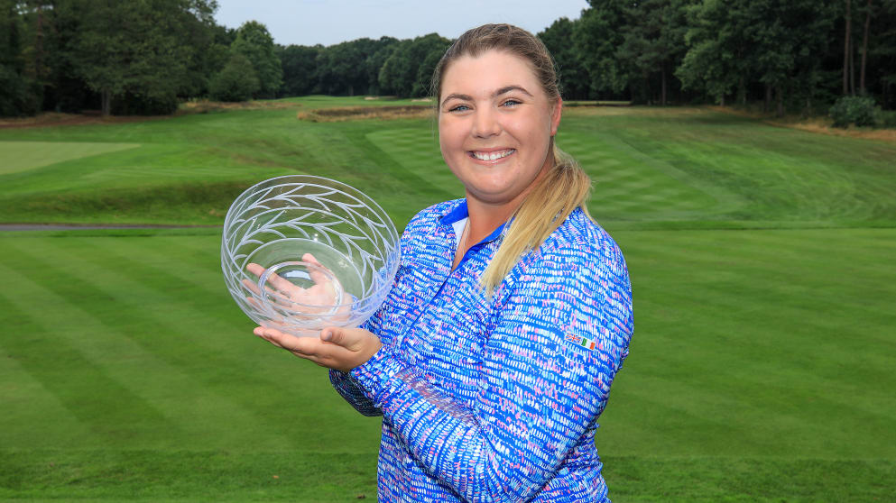 Alice Hewson of England holds the Rosebowl awarded to the winner of the Rose Ladies Series Grand Final