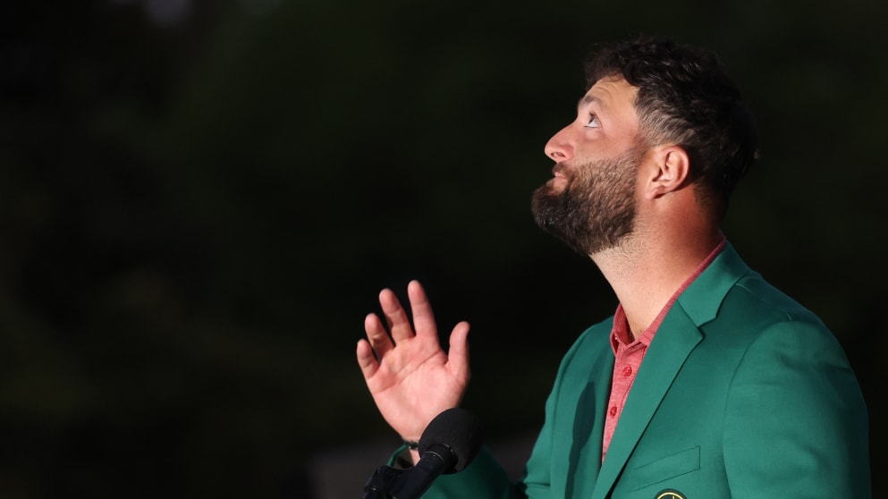 Jon Rahm dedicates victory to Seve Ballesteros as he looks to the sky after winning the 2023 Masters Tournament / Credit: Patrick Smith