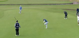Michael Peña celebrates a big birdie putt at 9!