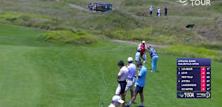 Dan Brown comes close to chip-in birdie at the ninth