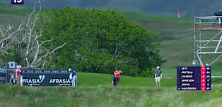 Nikhil Rama drives the green at the 13th 