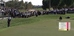 Tyrrell Hatton chips in for birdie at the 16th