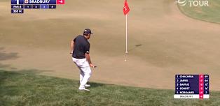 WATCH: Dan Bradbury chips in for birdie from the rough at the first