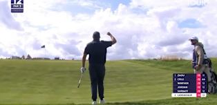 Romain Langasque chips in for birdie at the 12th