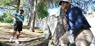 Angel Ayora and Angel Hidalgo recreate Seve Ballesteros' remarkable recovery shot at Omega European Masters