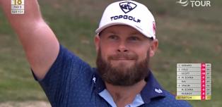 WATCH | Tyrrell Hatton eagles 18th from bunker to finish in style
