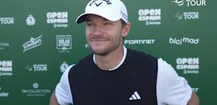 Nicolai Højgaard reacts to his first hole-in-one in competition play