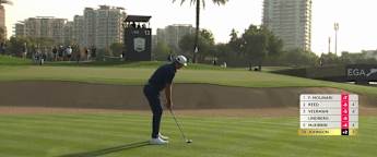 Dustin Johnson hits dart into the 13th Hole at Emirates Golf Club