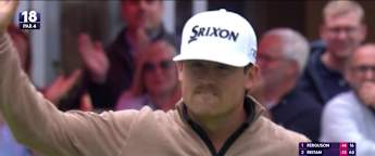 Darius Van Driel completes a hat-trick of birdies with a long putt at the 18th