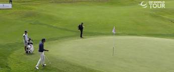 Eugenio Chacarra chips in for birdie at the eighth