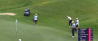 Niklas Lemke chips in for birdie at the sixth 