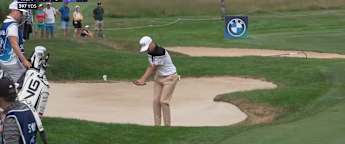 Matthias Schwab chips in for birdie from greenside bunker at the fourth 