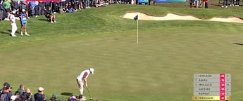 Ewen Ferguson rolls in long-range putt at the sixth 