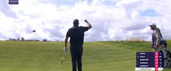 Romain Langasque chips in for birdie at the 12th