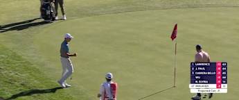 Guido Migliozzi chips in for birdie at 13th in quest to make cut 