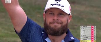 WATCH | Tyrrell Hatton eagles 18th from bunker to finish in style