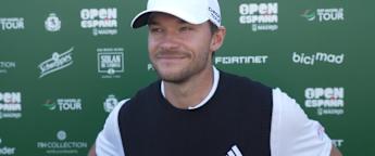 Nicolai Højgaard reacts to his first hole-in-one in competition play