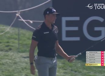 Niklas Nørgaard holes his putt for eagle at the third