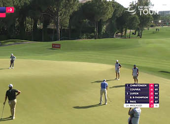 Guido Migliozzi holes a long birdie putt at the 16th