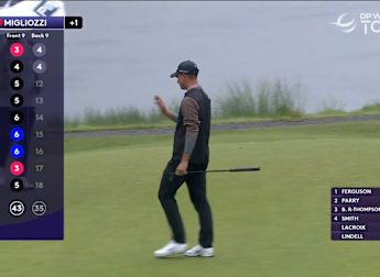 Guido Migliozzi holes a 37-foot putt at the 12th