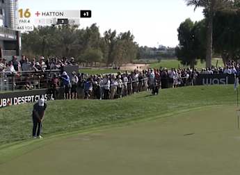Tyrrell Hatton chips in for birdie at the 16th
