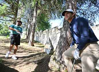 Angel Ayora and Angel Hidalgo recreate Seve Ballesteros' remarkable recovery shot at Omega European Masters