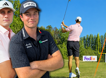 Viktor Hovland and Michael Kim take on Ludvig Åberg and Martin Couvra in the FedEx Field Goal Challenge