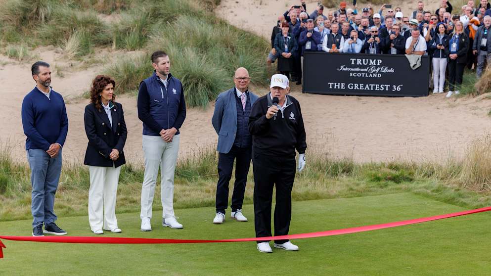 Trump Internatioanl Golf Links - New Course Grand Opening Ceremony - Don Trump Jr., Sarah Malone, Eric Trump, Guy Kinnings, President Donald J. Trump, Members and Staff Spectating