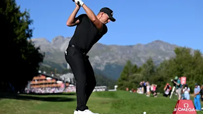 image: Past champions Rasmus Højgaard and Matt Wallace grouped with Harry Hall at Omega European Masters