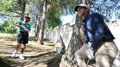 image: Angel Ayora and Angel Hidalgo recreate Seve Ballesteros' remarkable recovery shot at Omega European Masters